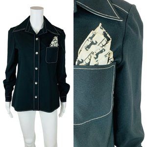 Vintage 70s Black And White Button Down Top Scarf Pocket Detail B 39"